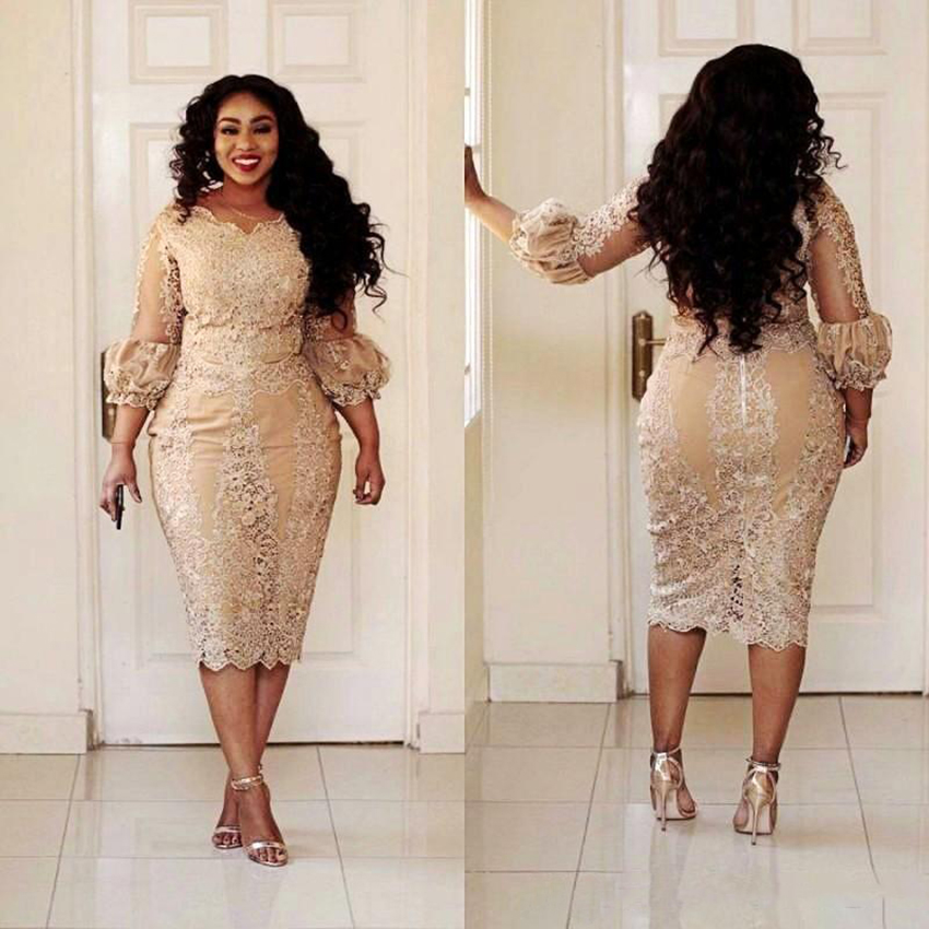 

Champagne Lace Short Mother of the Bride Dresses Plus Size 2021 Tea Length 3/4 Long Sleeve Sheath Mother of Groom Gowns Evening Dress
