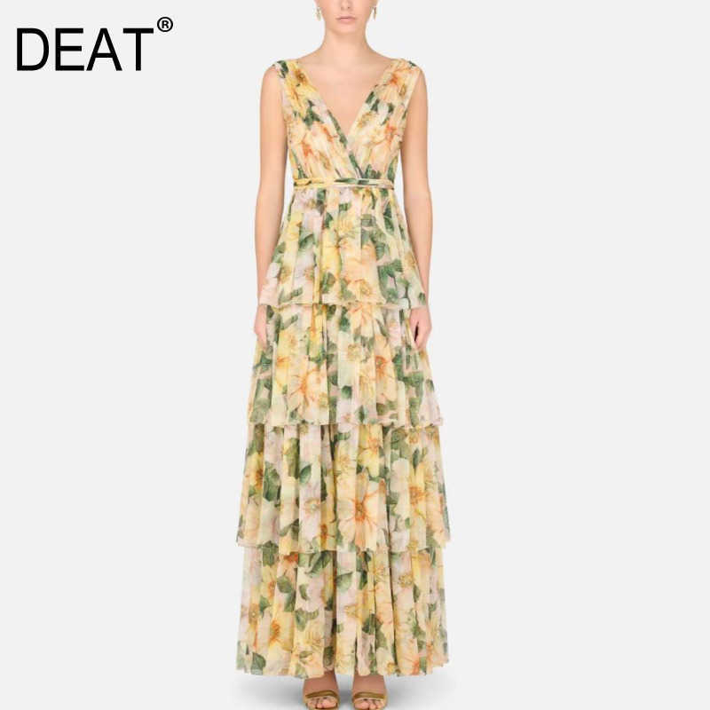 

[DEAT] Sexy V-neck Backless Sleeveless Tie High Waist Print Y2k Clothes Maxi Dresses For Women Street Spring 210527, Picture color