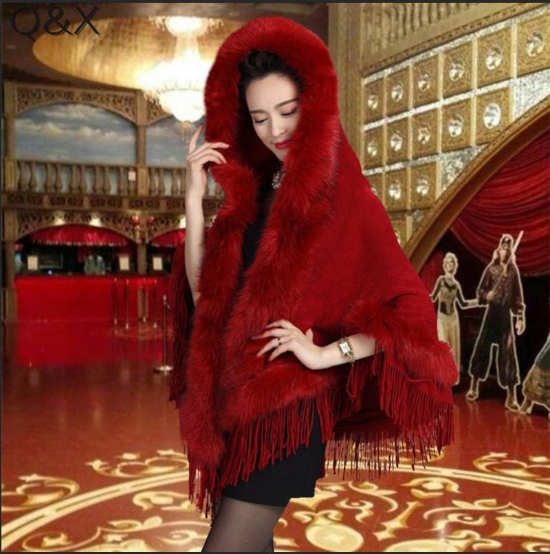 

Scarves 2021 Winter Warm Knitted Tassel Poncho Cape Cashmere Solid Shawl Women Imitation Fur European Cardigan Coat With Hat