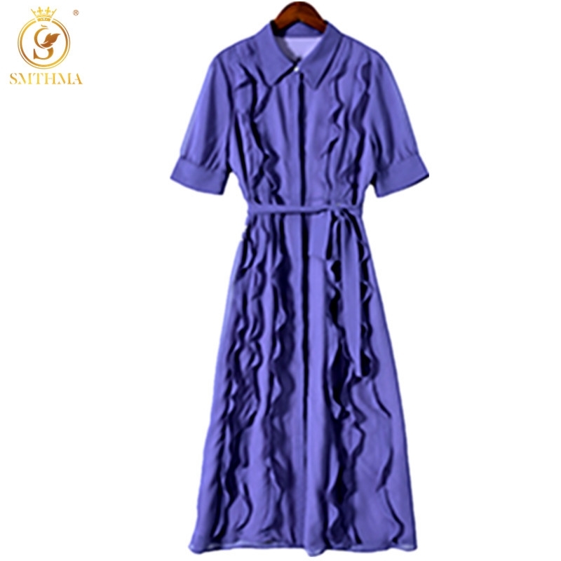

Fashion Women's Ruffled Chiffon Long Dress Robe Ladies Temperament Short-Sleeved Mid-Length Vestidos 210520, Photo color