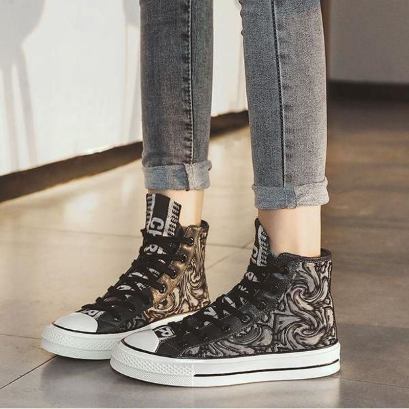 

2022 New Concise Sneakers Women Shoes High Lace Up Outdoors Canvas Casual Fashion Classic Comfortabl Thick Bottom Spring Autumn Round Toe HM220-1, Black