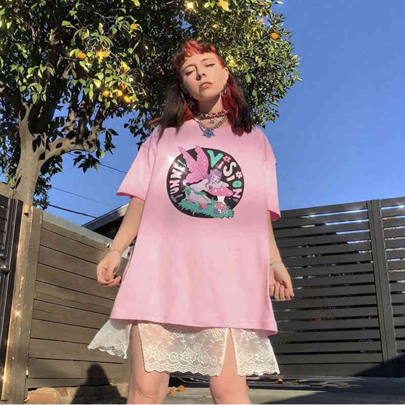 

Women's T-Shirt Pink t-shirt female loose Angel mushroom print American Short Sleeve fashion student top ins T-shirt 8LCR