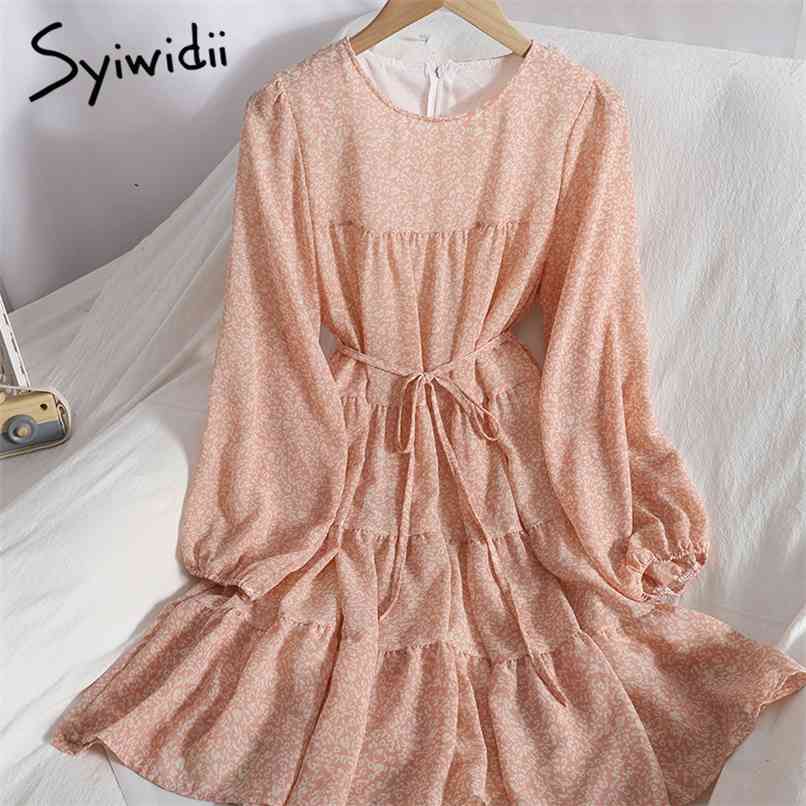 

Floral Print High Waist Dresses Women Puff Sleeve Ruffles Spliced O-Neck A-line Lace Up Clothes Summer Fashion 210607, Pink