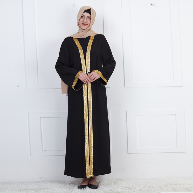 

Dubai Arab Muslim Open Abaya Dress Women Lace-up Long Robe Kaftan Turkish Islamic Clothes Sequins Middle East Hijab Dresses 2021