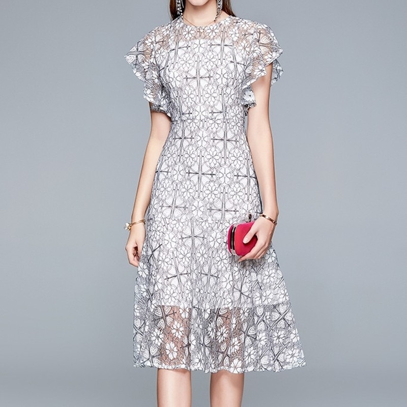 

ZAWFL High Quality Fashion Women's Summer Dress Casual Short Sleeve Embroidery Mesh Elgant Midi 210525, Picture color