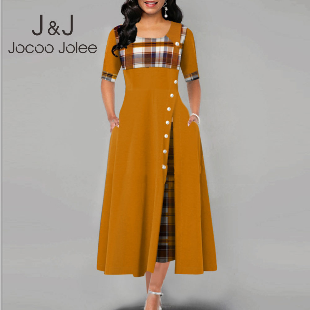 

Jocoo Jolee Women Half Sleeve O Neck Plaid Button Patchwork Irregular Long Dress Elegant High Waist Slim A Line Midi Dress 210518, Purple