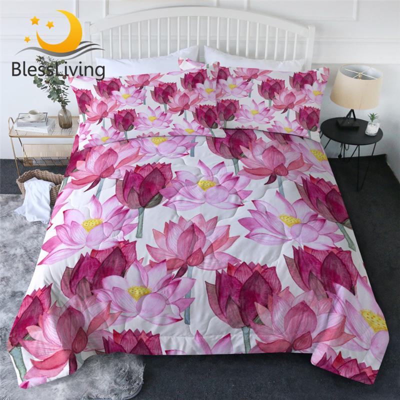 

BlessLiving Lotus Summer Quilt Set Pink Flower Cool Blanket With Pillow Covers Floral Home Textiles Watercolor Bed Dropship Comforters & Set