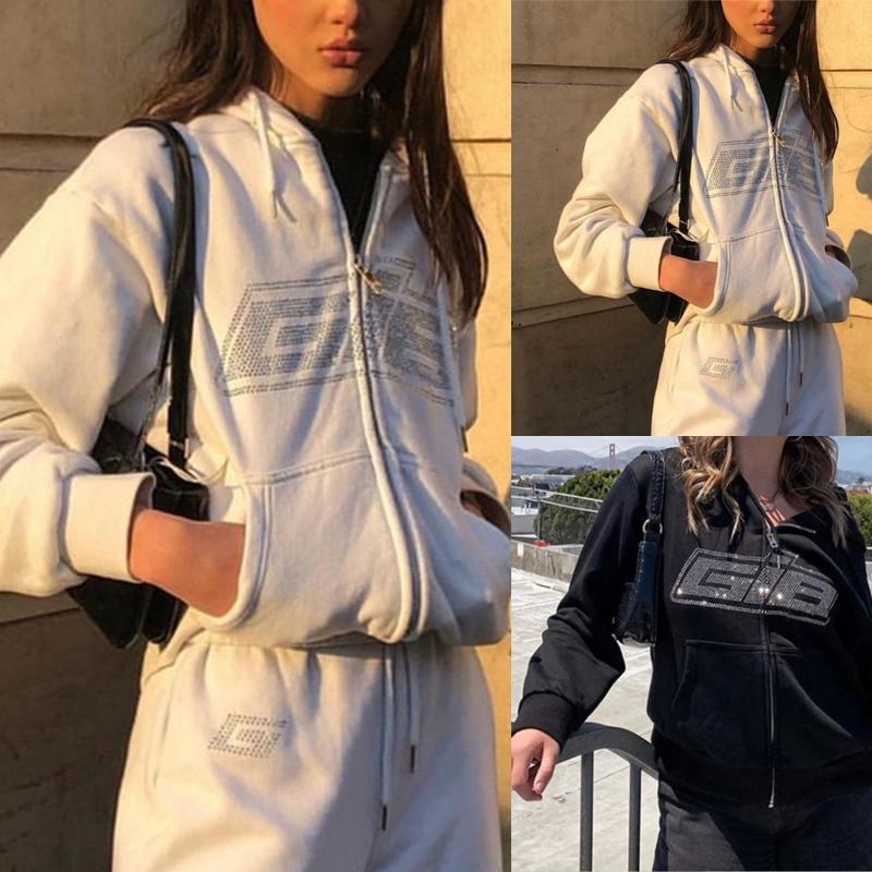 

Women's Hoodies & Sweatshirts Harajuku Jacket Female Hooded Rhinestone Letter Print Long Sleeve Sweatshirt Oversized Hoodie Zipper Loose Coa, Black