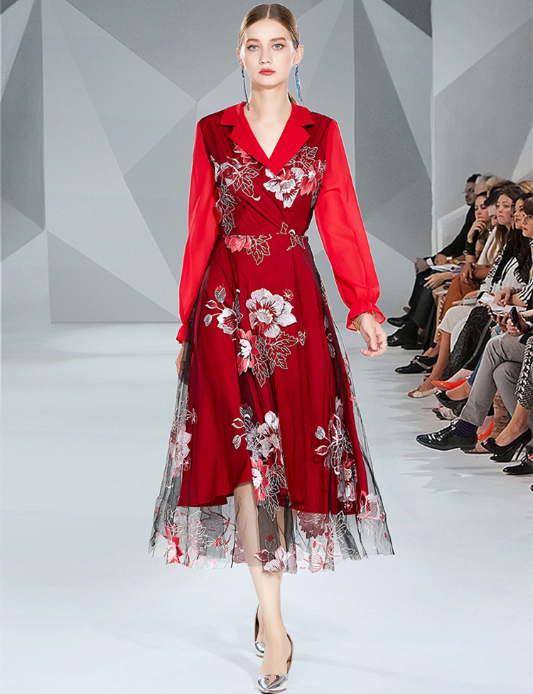 

Luxury Floral Embroidery Mesh Red Dresses Long Sleeve Women Designer Blazer Neck Elegant Dress Party Holiday Office Spring Autumn Runway Slim A-Line Female Frock