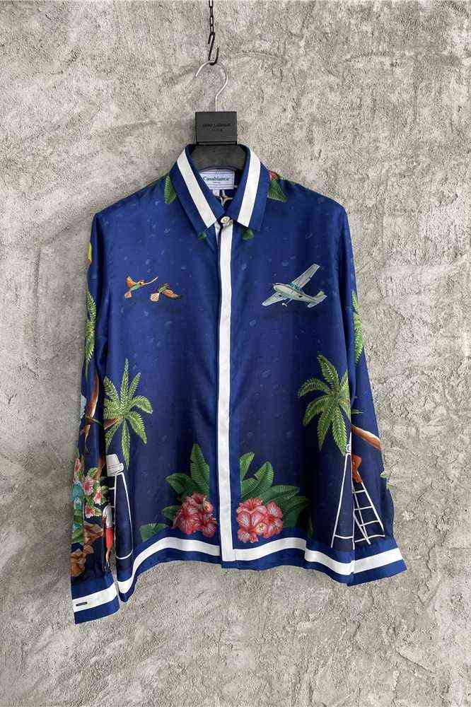 

Casablanca spray printed silk shirts flower coconut loose Silk Long Sleeve Shirt, Navy blue