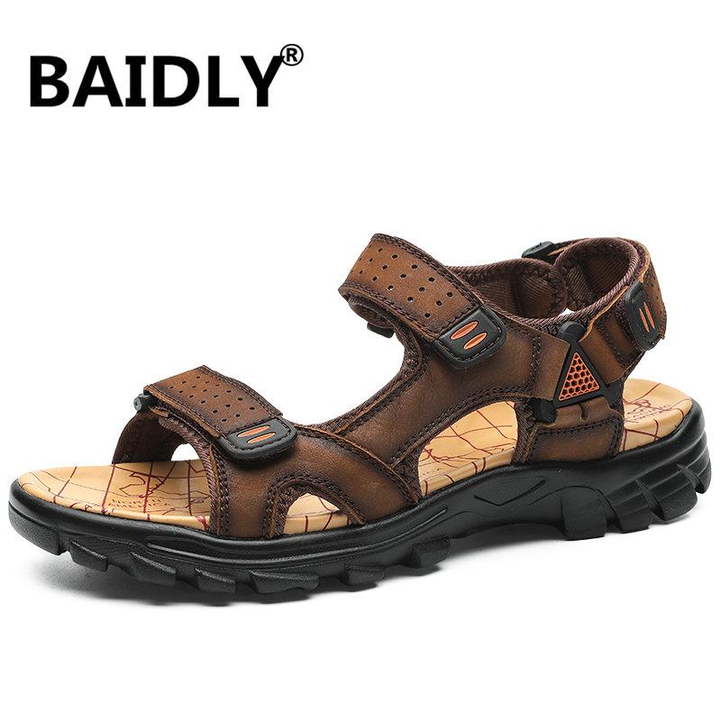 

Sandals Cow Genuine Leather Outdoor Summer Men Breathable Casual Shoes Footwear Walking Beach, Black