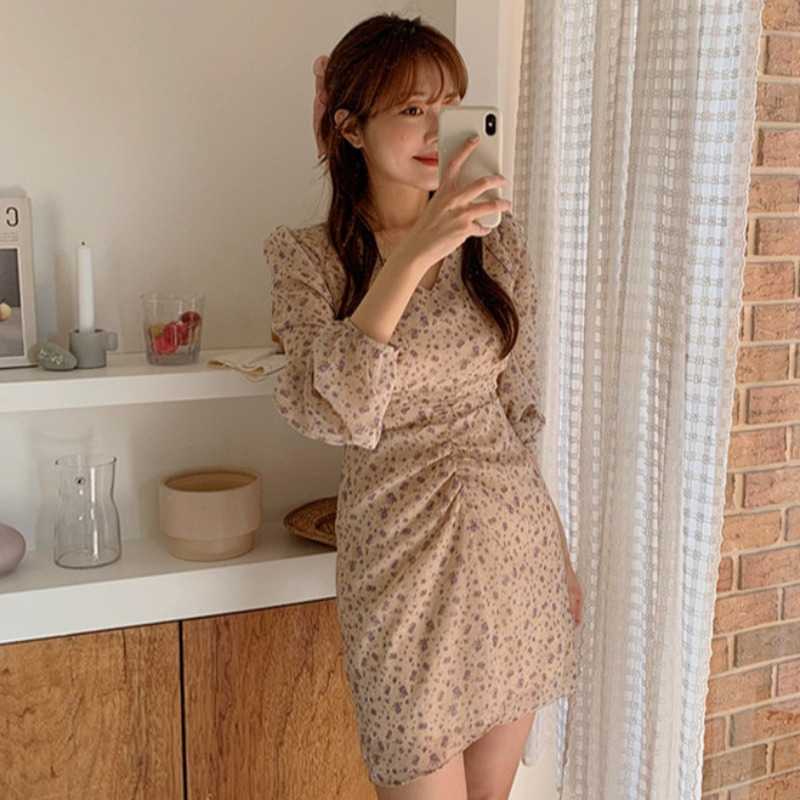 

Women Chiffon Dress Spring Autumn Sexy V Neck Puff Sleeve Vintage Floral Print es Ladies Korean Beach Robe 210602