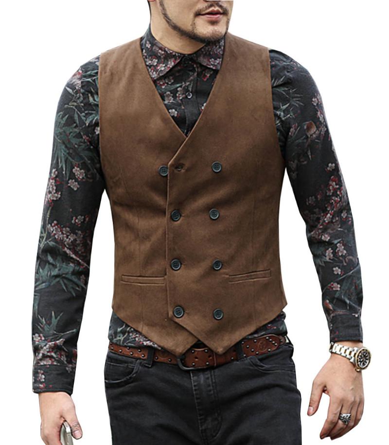 

Men's Vests Suit Men Vest V Neck Wool Brown Black Double-breasted Slim Fit Waistcoat Casual Formal Business Groomman For Wedding