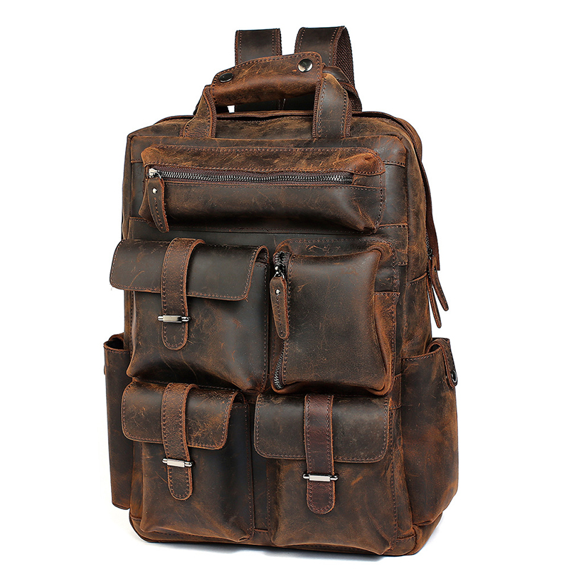 

Men's Big Capacity College Student Bookbag Fashion Casual Vintage Outside Pocket Genuine Leather Backpack, Black