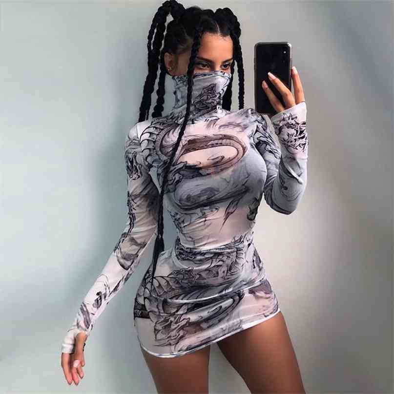 

women turtleneck dress sexy mesh material print slim skinny dresses autumn long sleeve female fashion outfits 210607, White