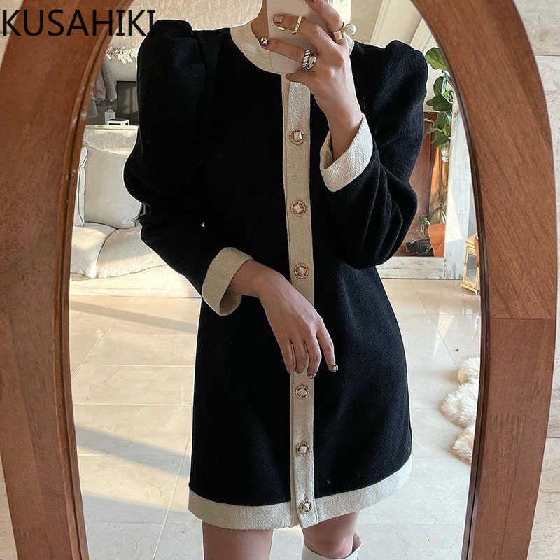 

Korea Chic O-neck Puff Sleeve Women Dress Hit Color Patchwork Single Breasted Vestidos Femme Dresses 6E464 210603, Black