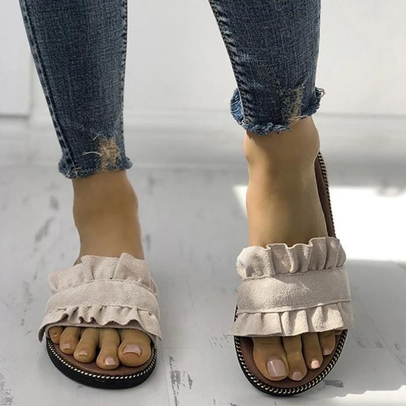 

Flock Slides Flat Heel Solid Flat Heel Ruffles Summer 2021 New Arrivals Women Shoes Fashion Slippers, Beige