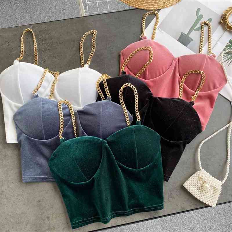 

lady fashion chain vest womens vintage velvet sleeveless solid color bustier corset crop clothes q761, White