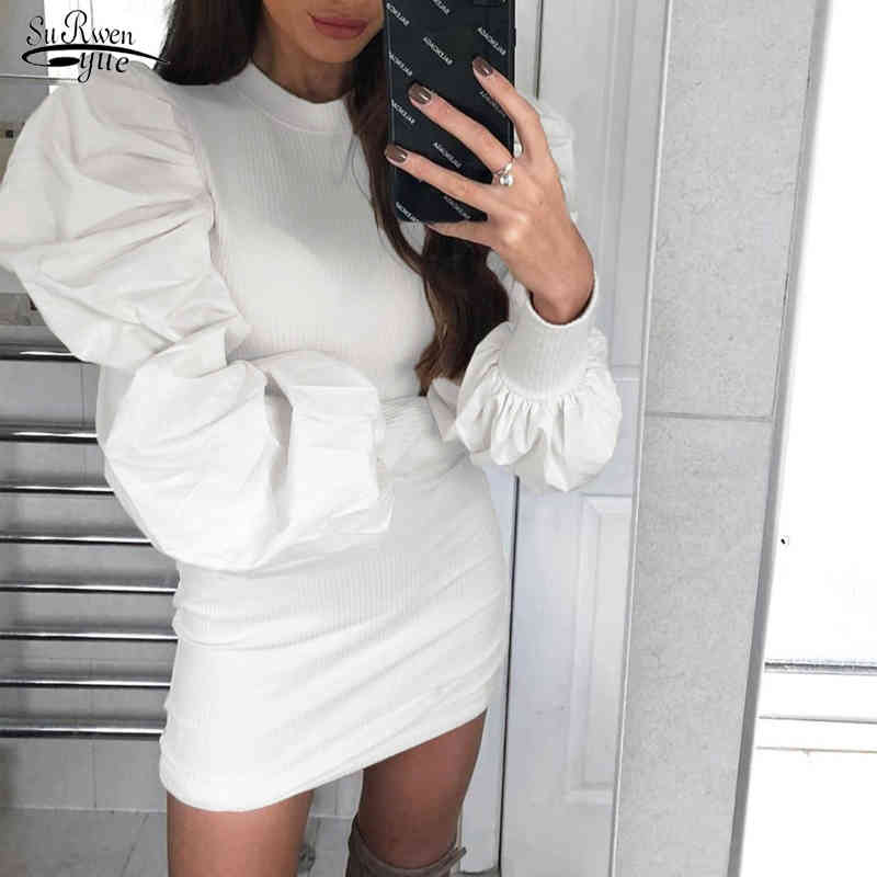 

Sexy Nightclub Hip Dresses Fashion Puff Sleeves Women O-neck Solid Knitted Sheath Skinny Mini Vestidos 12368 210521, Black