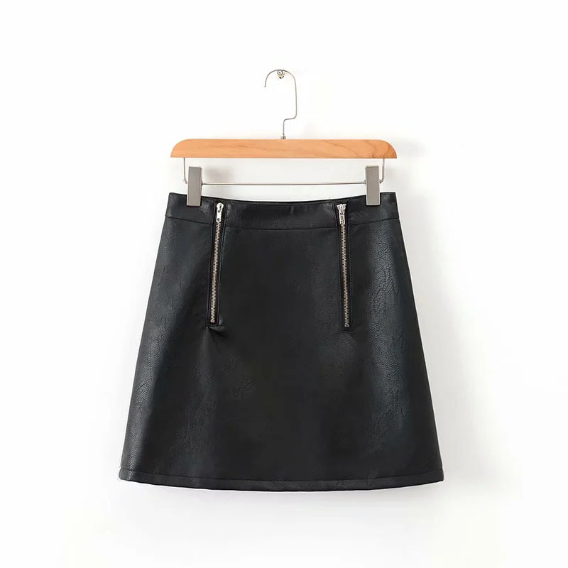 

Fashion High Waist Double Zipper Decoration Imitation Leather PU Short Skirt Women's Solid Personality A-Line 210521, Black