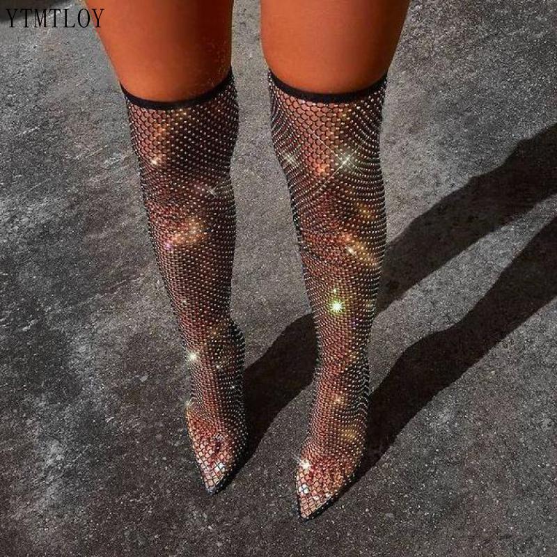 

Great Quality Brand Sexy Female Long Boots Knee The Thin Heel Gothic Mesh Crystals Ytmtloy Sandals Zapatos Transparentes De Muje, Short