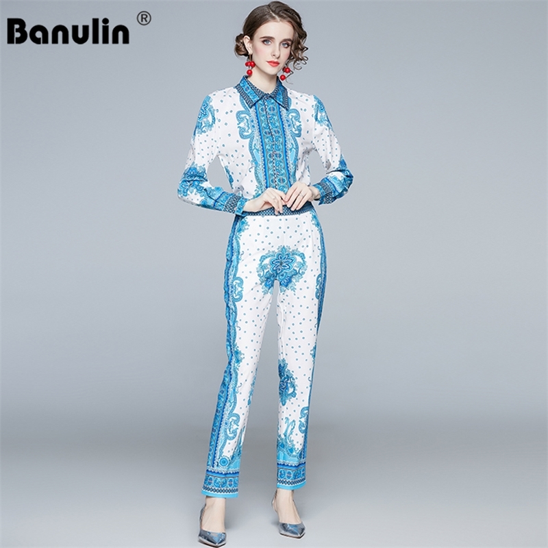 

Spring Autumn Runway Two Piece Outfits for Women Elegant Office Ladies Print Blouse Blusas Shirt + Long Pants 2 Pieces Sets 210603, Mixed color