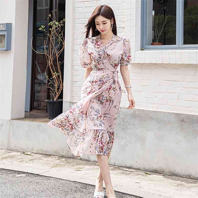 

elegant print Long Dress for women Summer Short Sleeve V neck chiffon Bohemia beach Dresses Ladies Ruffled sundress 210602, Pink flowers