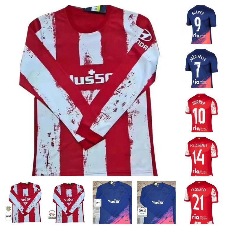 

Long sleeve 21 22 Atletico Madrid Soccer Jerseys SUAREZ GRIEZMANN JOÃO FÃLIX 2021 2022 M. Llorente CORREA KOKE Camisetas de fÃºtbol LEMAR CAR, Black;yellow