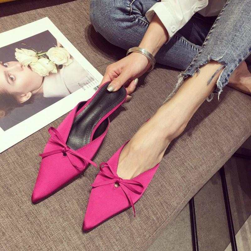

Pointed Toe Women Slippers Slip On Bow Design Shallow Slides Thin Low Heels Elegant Sandals Fashion Mules Shoes Woman, Beige