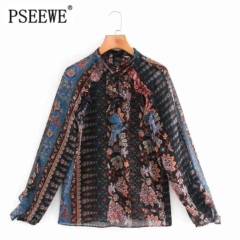 

blouse Women Vintage Flowing Patchwork Printed Fashion Ruffle Trims Long Sleeves High Collar Metal Buttons Tops 210519, Print