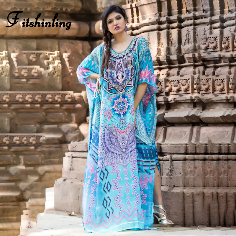 

Fitshinling 2021 Summer ethnic maxi dresses women print vintage batwing sleeve oversize long dress female boho beach pareos robe