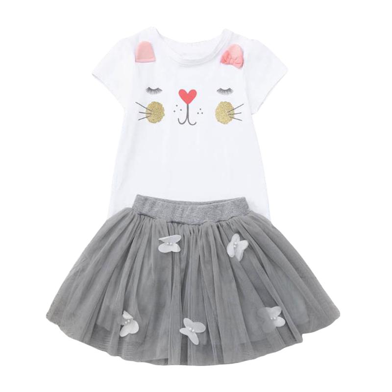 

Girls Cartoon Print Short Sleeve T-Shirt And Tulle Skirt Two-Piece Suit For Birthday Party Vacation White/Pink Clothing Sets