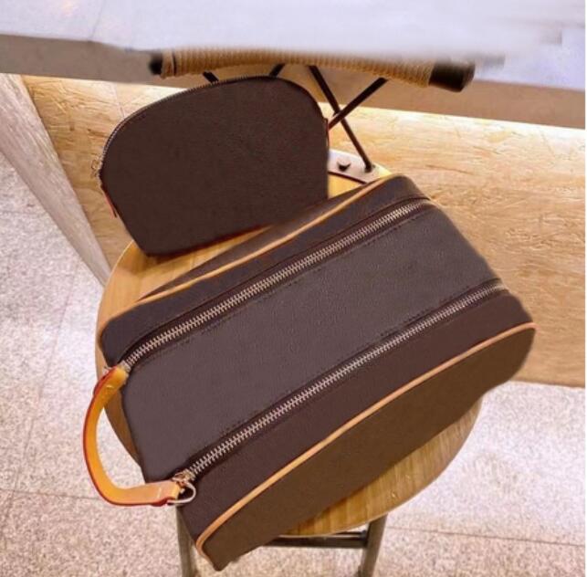 

Real Oxidizing Leather Cosmetic Bag PVC Wash Bags Double zippy zipper Case brown flower and ebene pritned Handbag