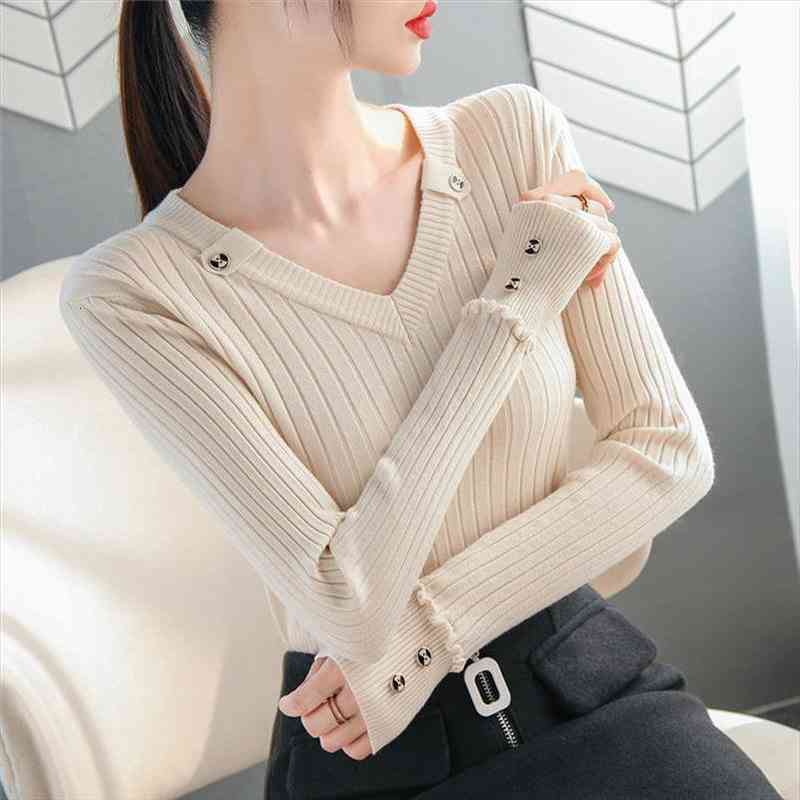 

autumn women sweater knitted long sleeve casual v-neck pullovers slim-fit vintage button office chic sweater, White;black