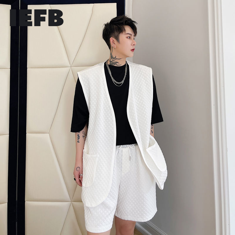 

IEFB Summer Black Men's Clothing Diamond Shape Embossed Men's Cardigan Vest + Elastic Waist Shorts Two Pieces Set 9Y7034 210524, White