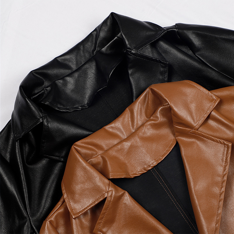 

2021notched pu bandage womens dress pure faux leather ladies jacket-dress with belt 2021 spring autumn streetwear vestido female, Black;gray