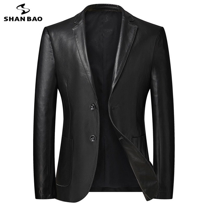 

SHAN BAO autumn brand men's leather suit jacket classic style business casual men's plus size banquet suit black 211111