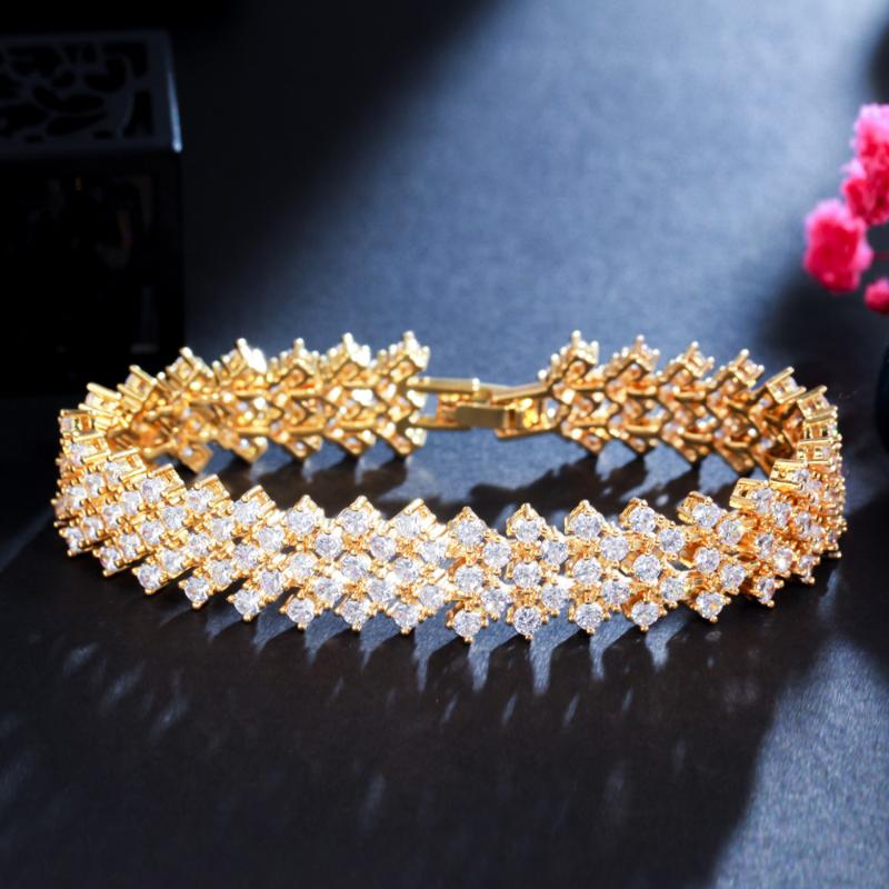 

Link Chain BeaQueen Luxury Brazil Bracelet Brilliant Gold Color Full Paved Cubic Zirconia Costume Jewelery For Women Party Gifts B220Link