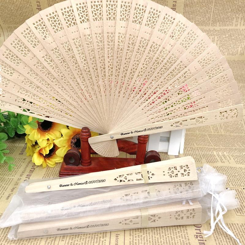 

50PCS Custom Printing Chinese Sandal Wood Wedding Fan Personalized Hand Foldable Wooden Fan in Organza Bag Party Decorations CCD8516