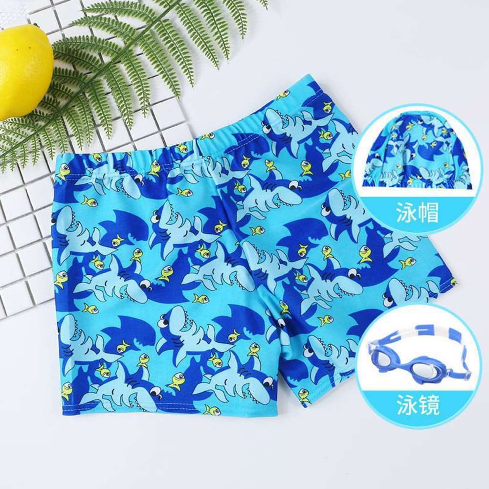 

Boys' swimming trunks small middle large children's flat angle quick drying baby's suit student's cap glasses, Blue