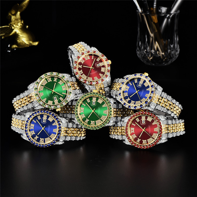 

Hip Hop Full Iced Out Mens Luxury Date Quartz Wrist Watches With Micropaved Cubic Zircon Watch For Women Men Jewelry, Green2