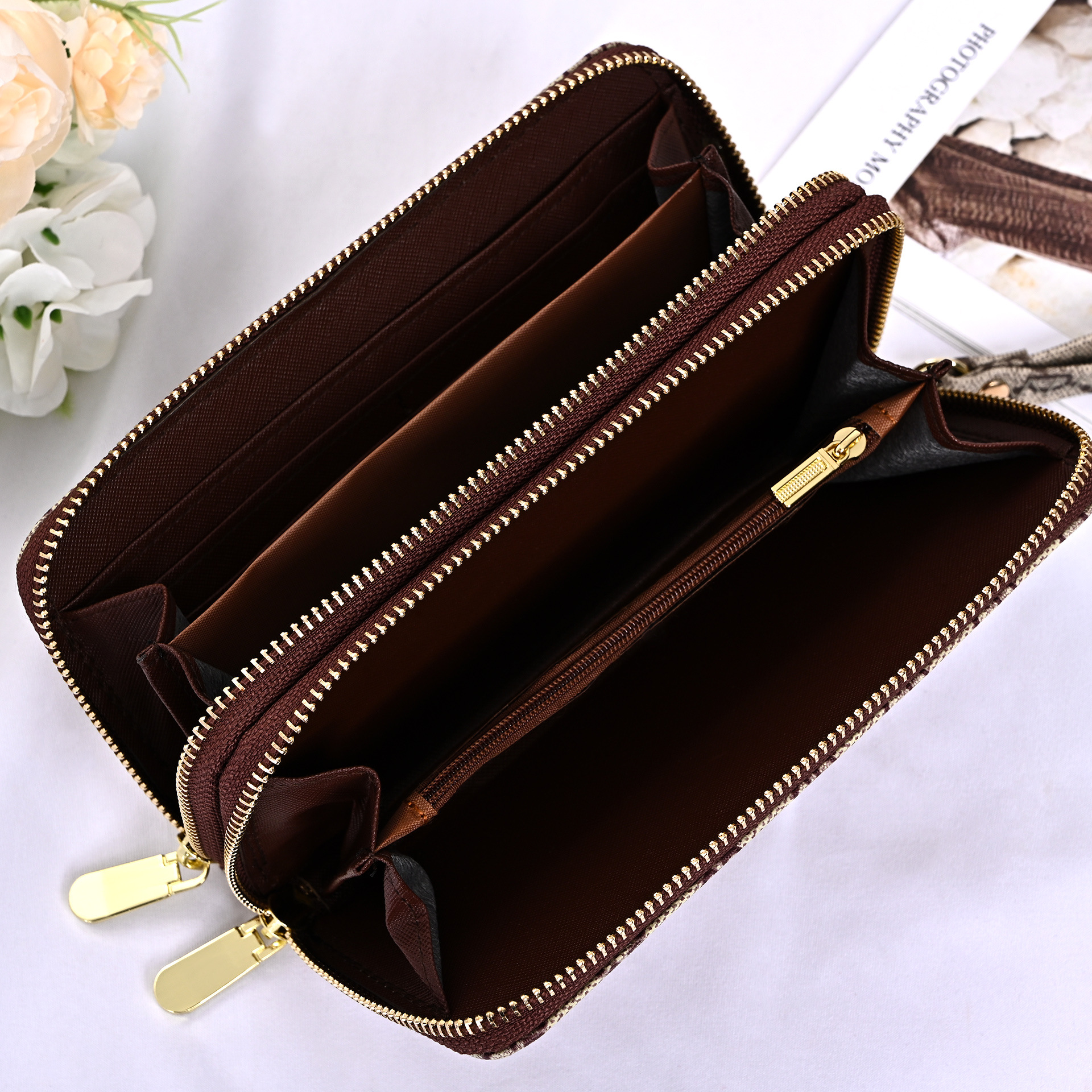 

Low wholesale classic standard wallet men women long purse money bag double zipper pouch coin pocket note compartment no with box, White plaid