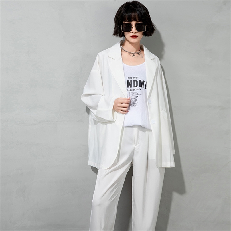 

Spring Summer Fashion Blazer Women Solid Casual Loose Woman Jacket Notched Collar Long Sleeve Simple Coat 210519, White blazer tops