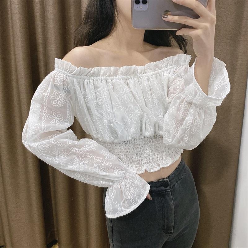 

Women's Blouses & Shirts ZXQJ Women 2021 Sweet Fashion Embroidery Organza Cropped Vintage Long Sleeve Elastic Hem Female Chic Tops, As picture