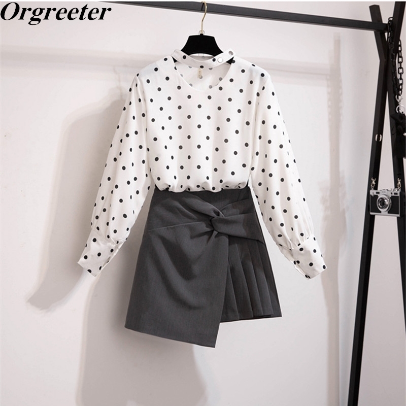 

Autumn Korean style Loose White Polka dot Chiffon Long sleeve Shirt and High waist Ruched Irregular Mini Skirt Suits 210525, Only shirt