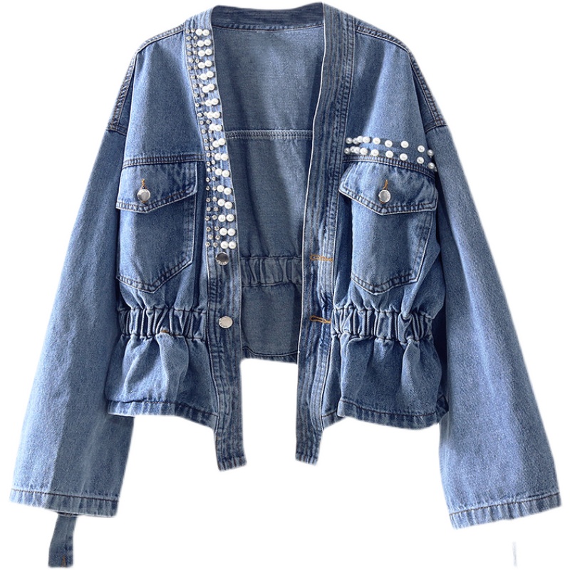 

Fashion Elastic Waist Blue Denim Jacket Women Outerwear Autumn Loose Diamonds Beading Jeans Coat Female Chaquetas Mujer