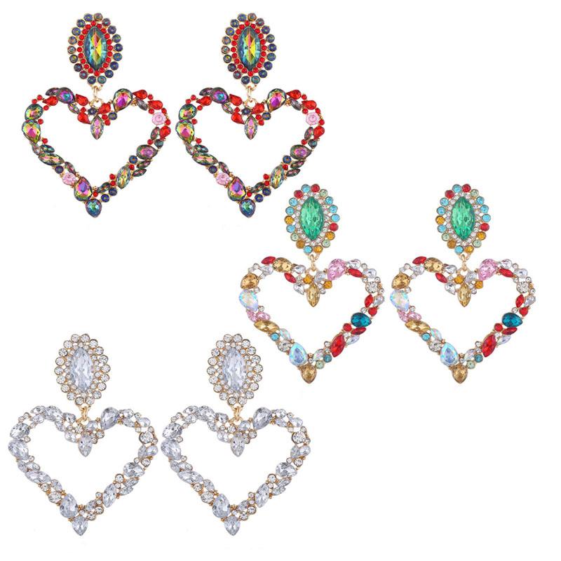 

Stud Colorful Heart Earrings Women's Luxurious Geometric Full Rhinestone Love Fashion Jewelry, Golden;silver