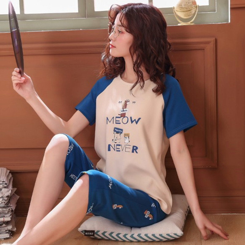 Women&#039;s Sleepwear Spring Summer Pyjamas Set Short Sleeve Cropped Pant Cotton Pajamas for Women Cute Loose Student&#039;s Sleepwear Pijama Mu-image-700073658