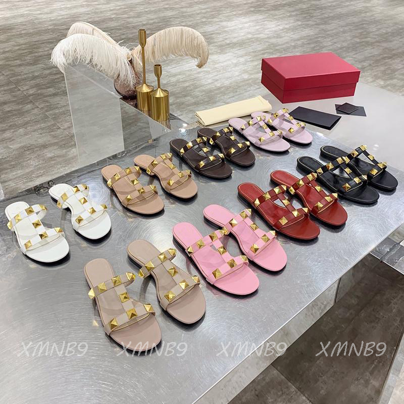 

Fashion Ladies Slippers 2021 Luxury Designer Classic Willow Nail Top Leather Comfortable Lazy Sandals 34-42, Pink