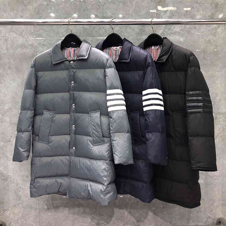 

downs Fashion TB THOM Brand Men Coats Slim Fit Formal Long Down Jacket Striped Solid Black Thick Casual Winter Clothing